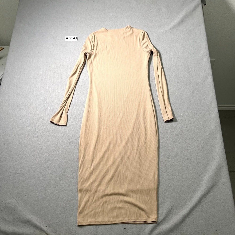 A'Gaci Midi Bodycon Dress Women Large Beige Ribbed Rayon Stretch Long Sleeve